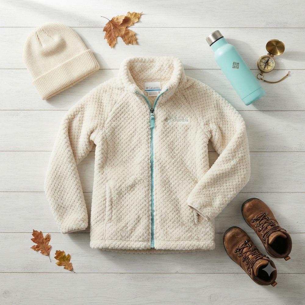 Columbia Kids Fire Side Sherpa Full Zip Fleece Jacket Cream Blue Sz Medium 10/12